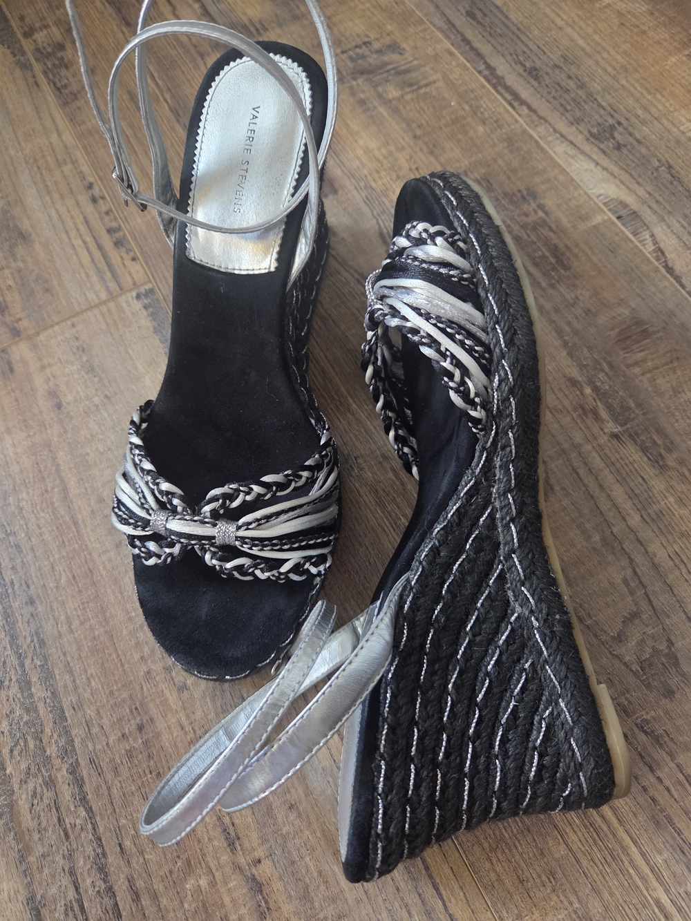 Valerie Stevens Black and Silver Braided Ankle-Wrap Wedges
